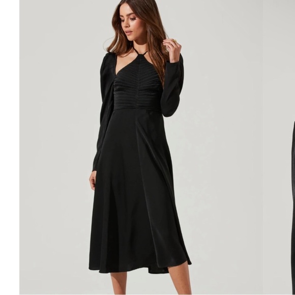 ASTR Black Satin Cinch Halter Neck Long Sleeve Midi Dress Size XL